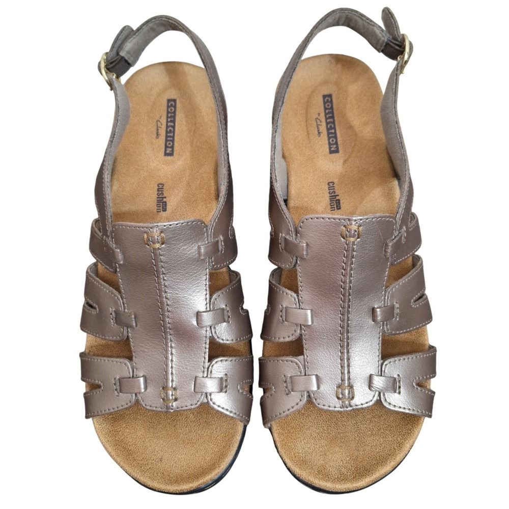 Clarks Collection Womens 9 XW Pewter Metallic Strappy Wedge Sandals 260374875090